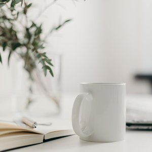 Elegant minimalist workspace featuring a white coffee mug, open notebook, and a leafy plant on a white table.