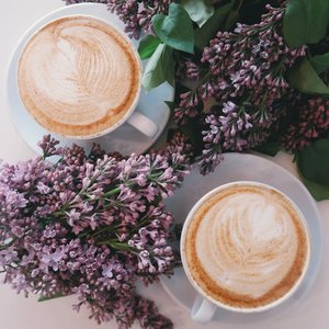Artistic latte art surrounded by blooming lilac flowers creates a cozy, aesthetic vibe.