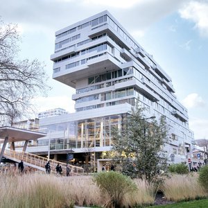 Stunning modern architecture in Utrecht, Netherlands under a clear blue sky.