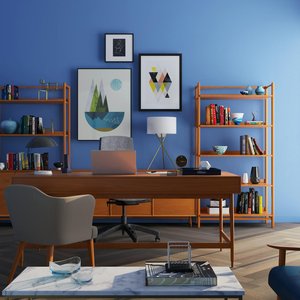 Elegantly decorated home office with modern furniture and a blue wall.