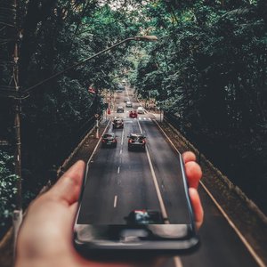 Creative blend of technology and nature with smartphone framing a bustling road through forest.